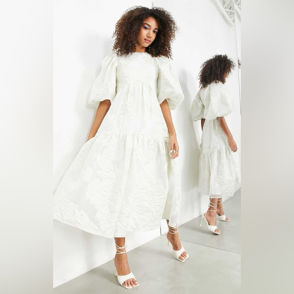 ASOS EDITION Tiered Metallic Floral Jacquard Midi Dress – Ivory/White NWT Size 4
